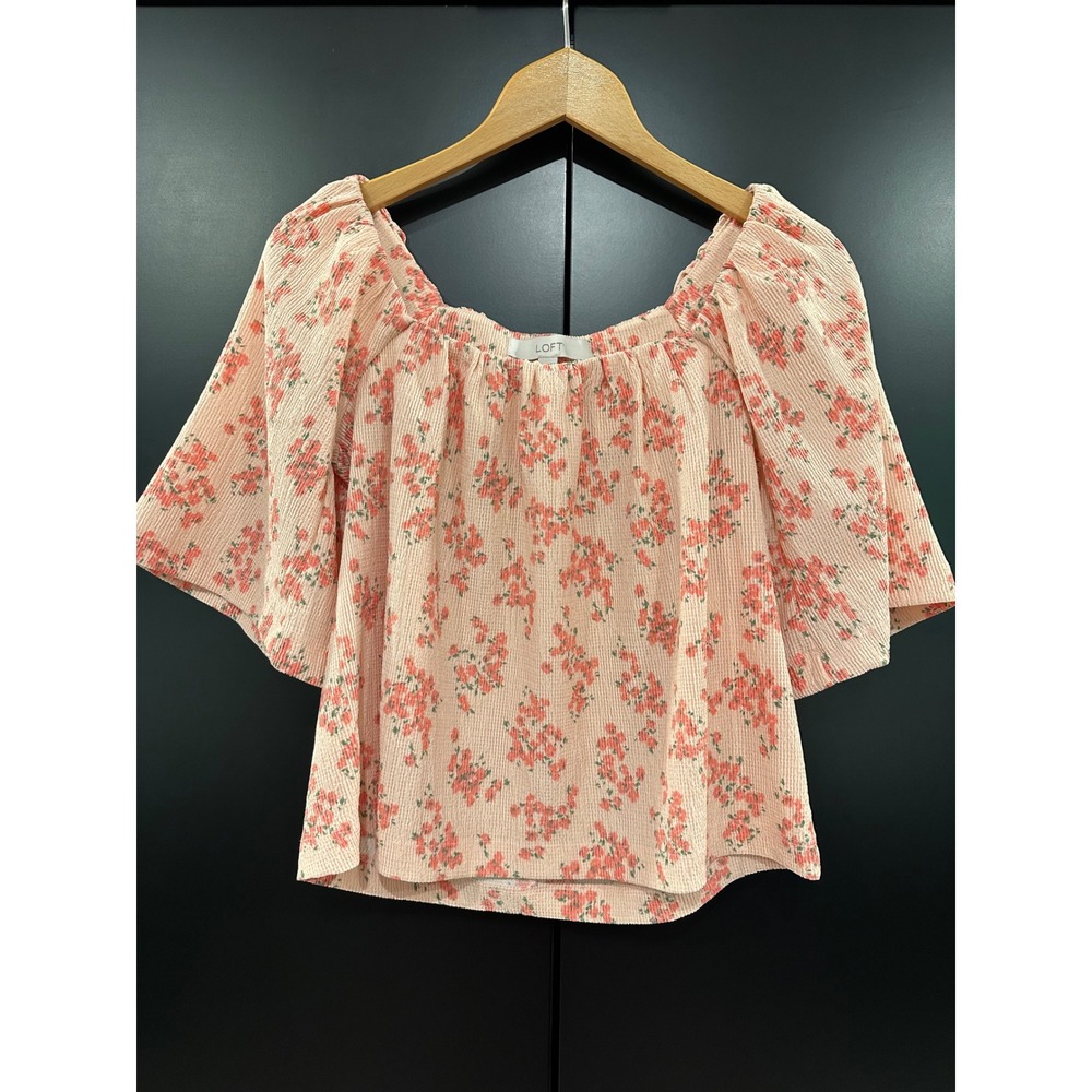 Loft Floral Off The Shoulder Blouse Peach Pink Smocked Texture Top XS